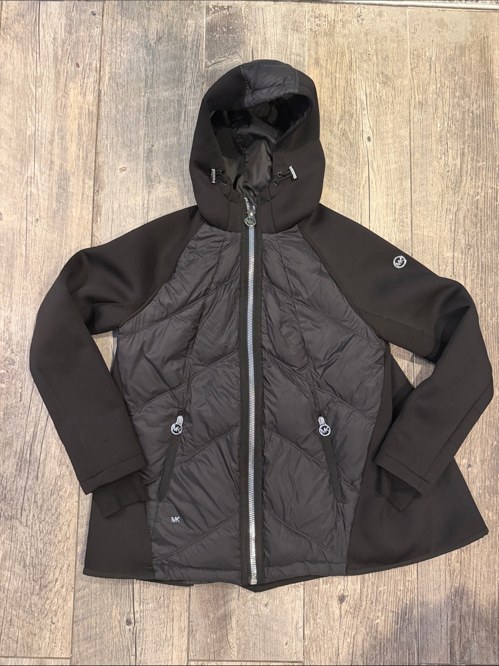 Michael Kors Black Quilted Hooded Mixed-Media Ski Jacket